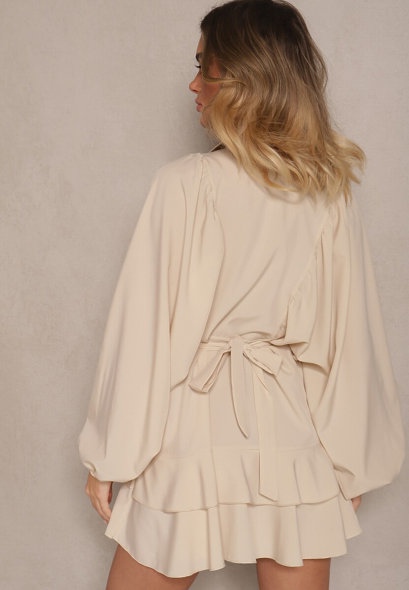 Beżowa Rozkloszowana Sukienka z Falbanami i Paskiem Divanessa
