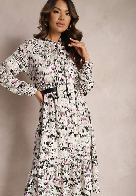 Ciemnobeżowa Rozkloszowana Sukienka Midi z Falbanką i Gumką w Talii Viglira