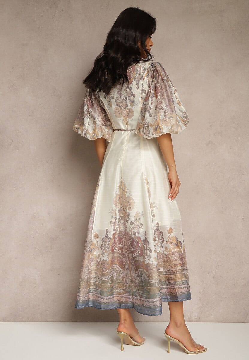 Jasnobeżowa Rozkloszowana Sukienka z Wiskozy z Wiązaniem i Ornamentalnym Wzorem Redanira