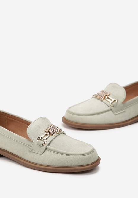 Zielone Mokasyny z Imitacji Zamszu Ozdobione Metaliczną Klamrą i Cyrkoniami Leoxa