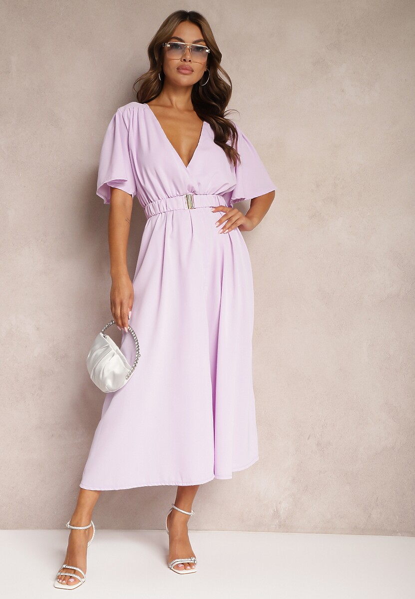 Jasnofioletowa Rozkloszowana Sukienka z Kopertowym Dekoltem z Bawełną Gumką w Pasie i Paskiem Isvia