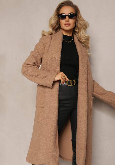 Beżowy Luźny Płaszcz Niezapinany z Paskiem Acompana