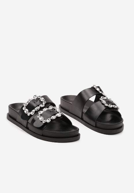 Czarne Regulowane Klapki na Płaskiej Podeszwie Zdobione Cyrkoniami Melalia