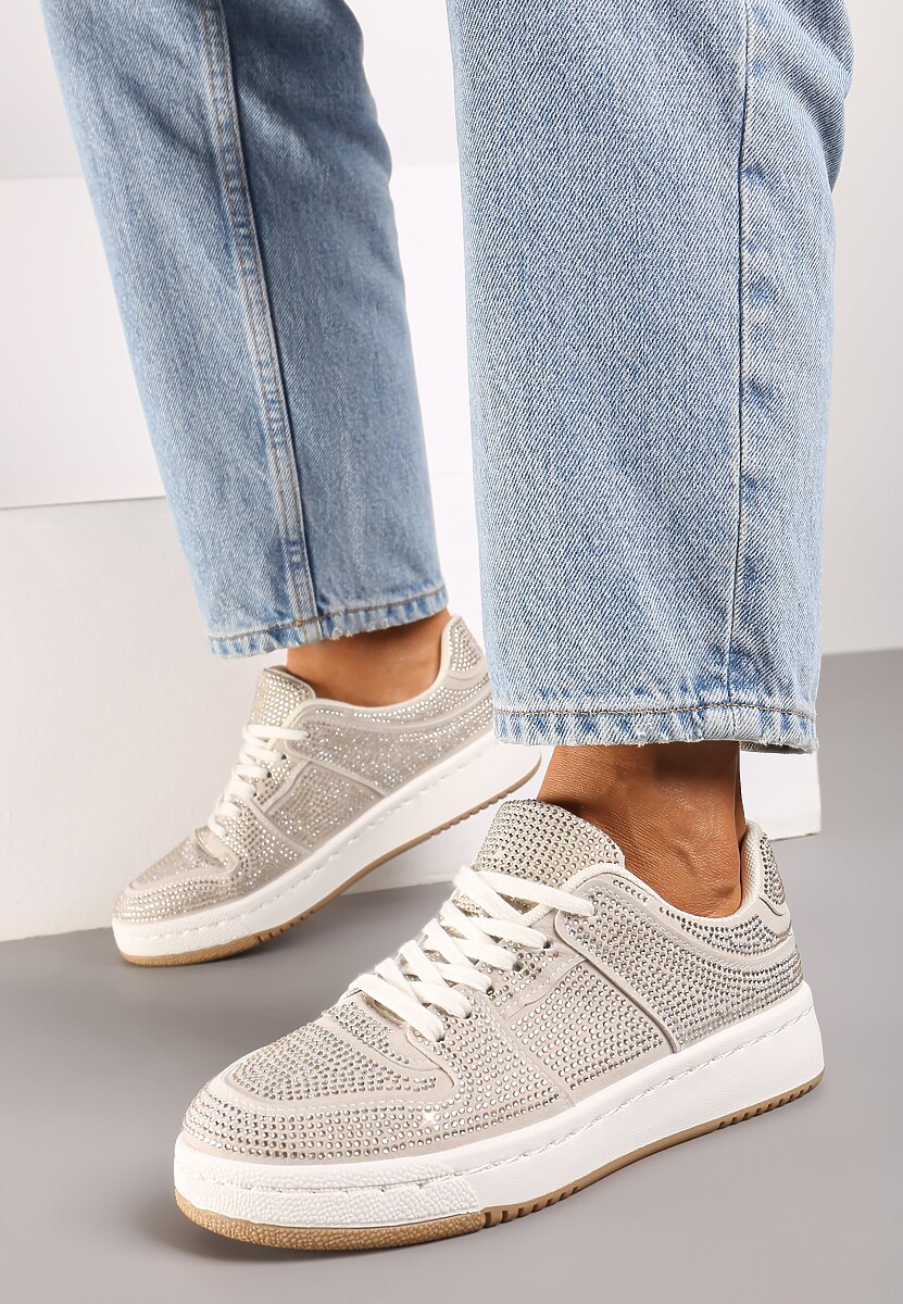 Beżowe Sneakersy na Płaskiej Podeszwie Wykończone Cyrkoniami Vlisina