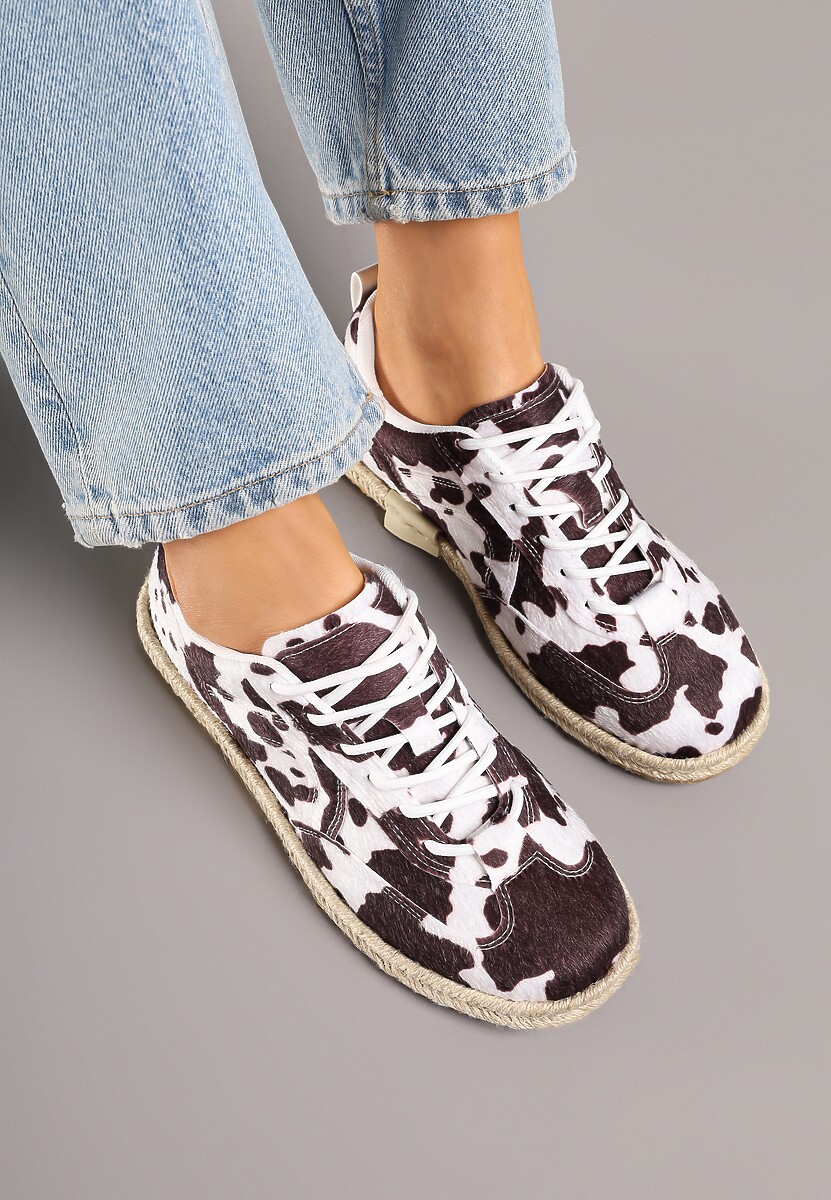 Brązowo-Białe Sneakersy Kultowe Tenisówki ze Wzorem w Łaty z Podeszwą Zdobioną Plecionką Zarorella