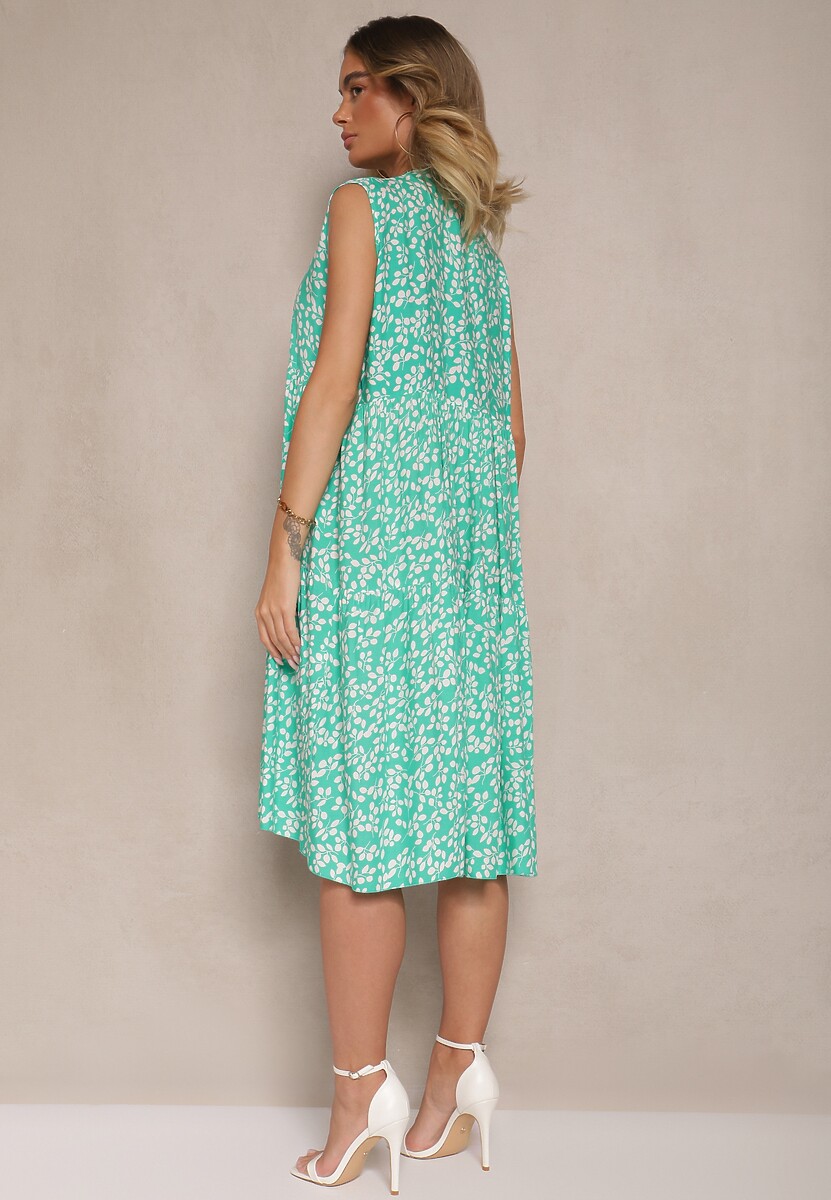 Zielona Sukienka z Bawełny o Rozkloszowanym Kroju z Roślinnym Motywem Nollio