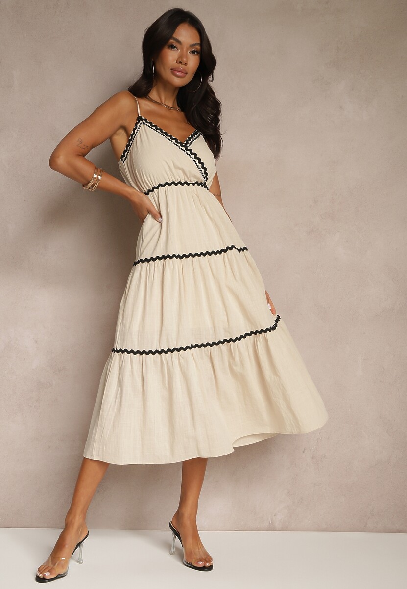 Beżowa Sukienka z Bawełny Ozdobiona Metaliczną Nicią Saraleza