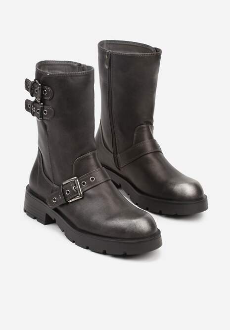 Srebrne Botki Bikery na Płaskiej Podeszwie z Klamrami Erissiana