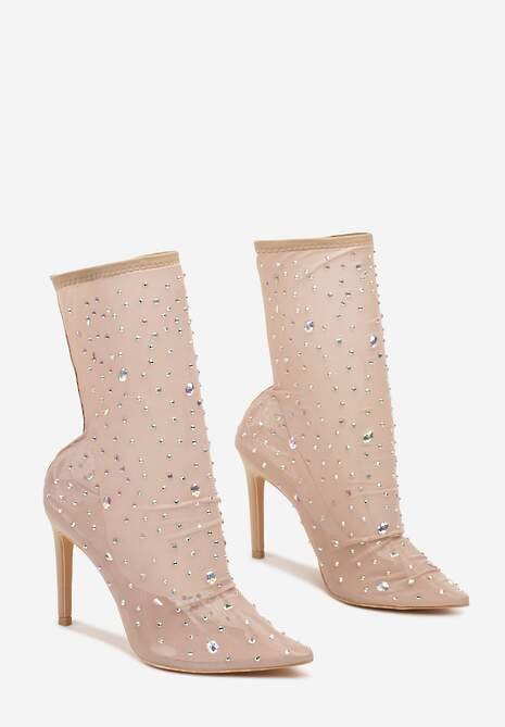 Beżowe Eleganckie Botki na Szpilce z Transparentną Cholewką i Cyrkoniami Felimora