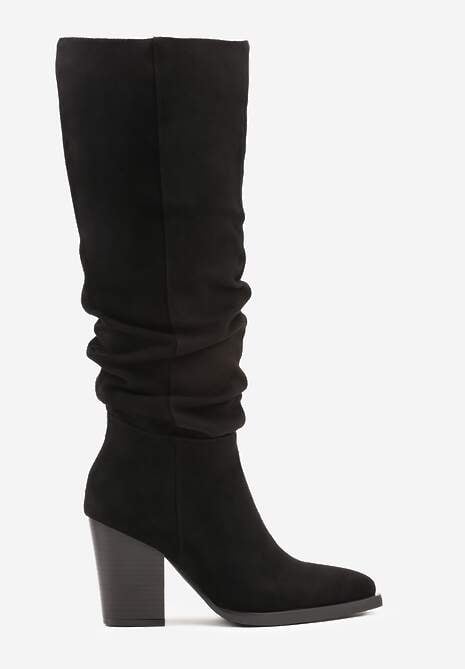 Czarne Ekozamszowe Kozaki na Słupkowym Obcasie z Ozdobnie Marszczoną Cholewką Reaelora