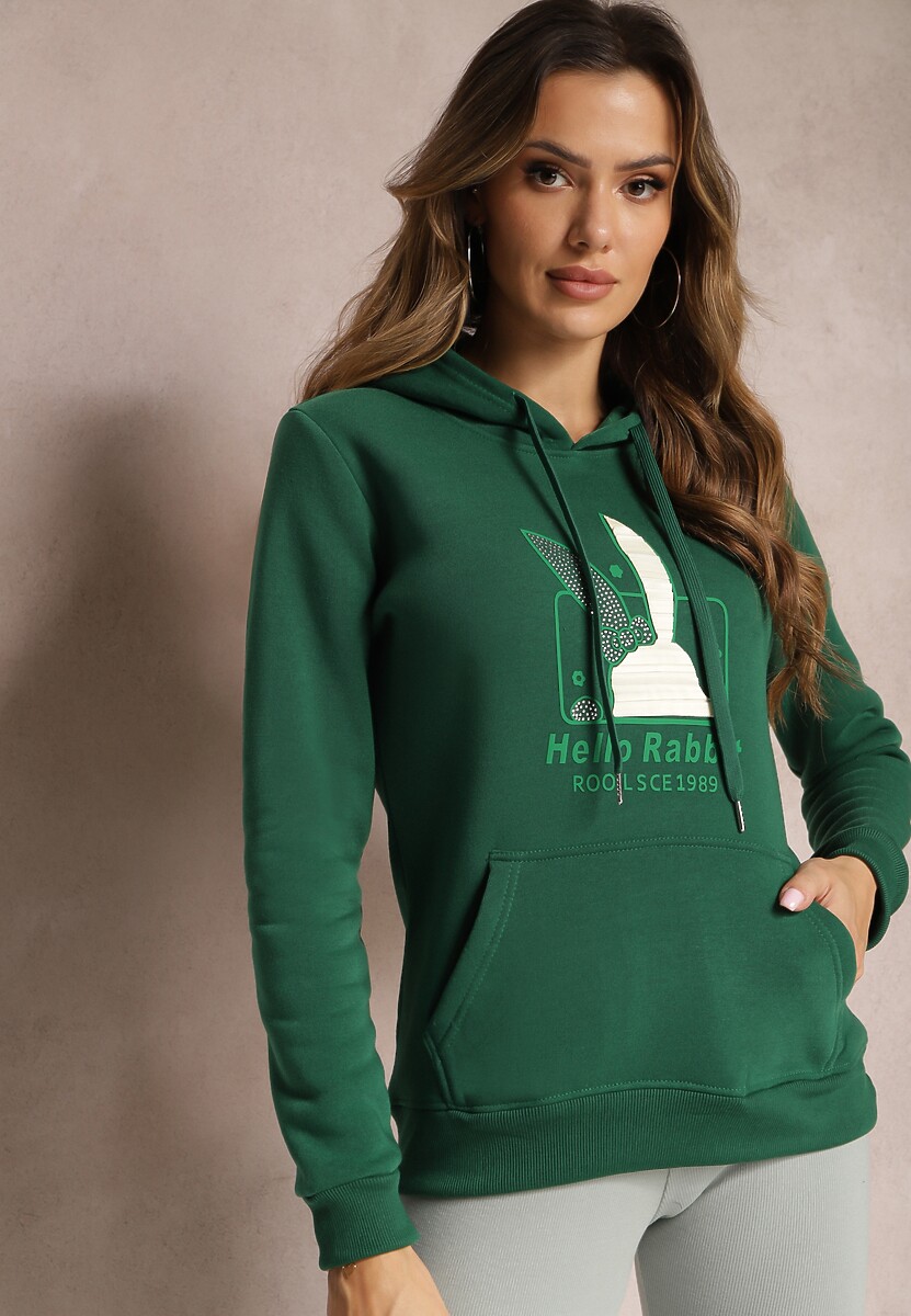 Zielona Bluza z Kapturem i Ozdobnym Nadrukiem Kliorre