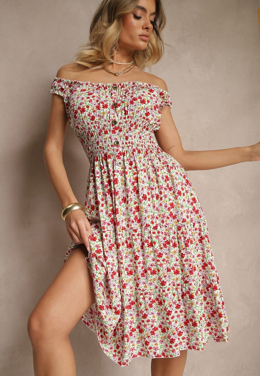 Czarna Bawełniana Sukienka z Guzikami o Rozkloszowanym Kroju w Kwiatowy Print Roniselle