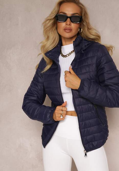 Granatowa Pikowana Kurtka z Odpinanym Kapturem Sissata