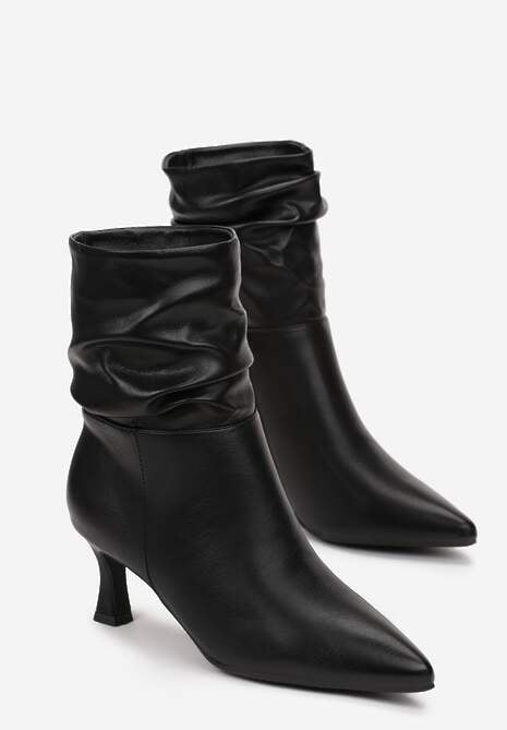 Czarne Botki z Jeansowego Materiału na Niskiej Szpilce Zapinane na Suwak z Marszczoną Cholewką Atzia