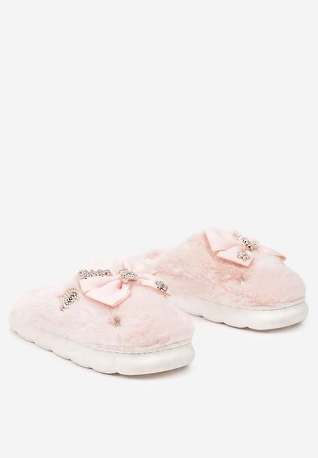 Różowe Kapcie na Płaskiej Podeszwie z Futerkiem Kokardą i Cyrkoniami Mianoria