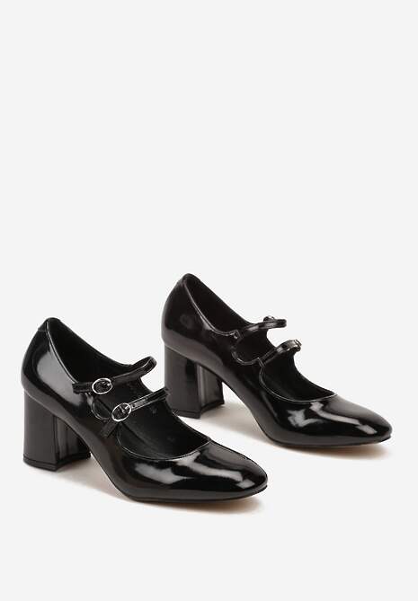 Czarne Czółenka Lakierowane na Słupku Ozdobione Paskami i kwadratowym Noskiem Jalabine