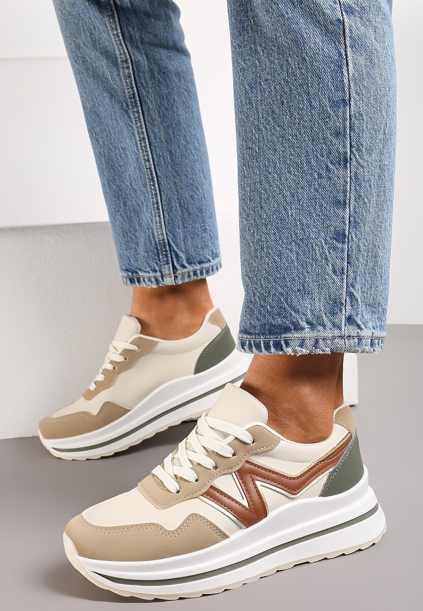 Ciemnobeżowe Sznurowane Sneakersy z Ekoskóry na Grubej Podeszwie Literna