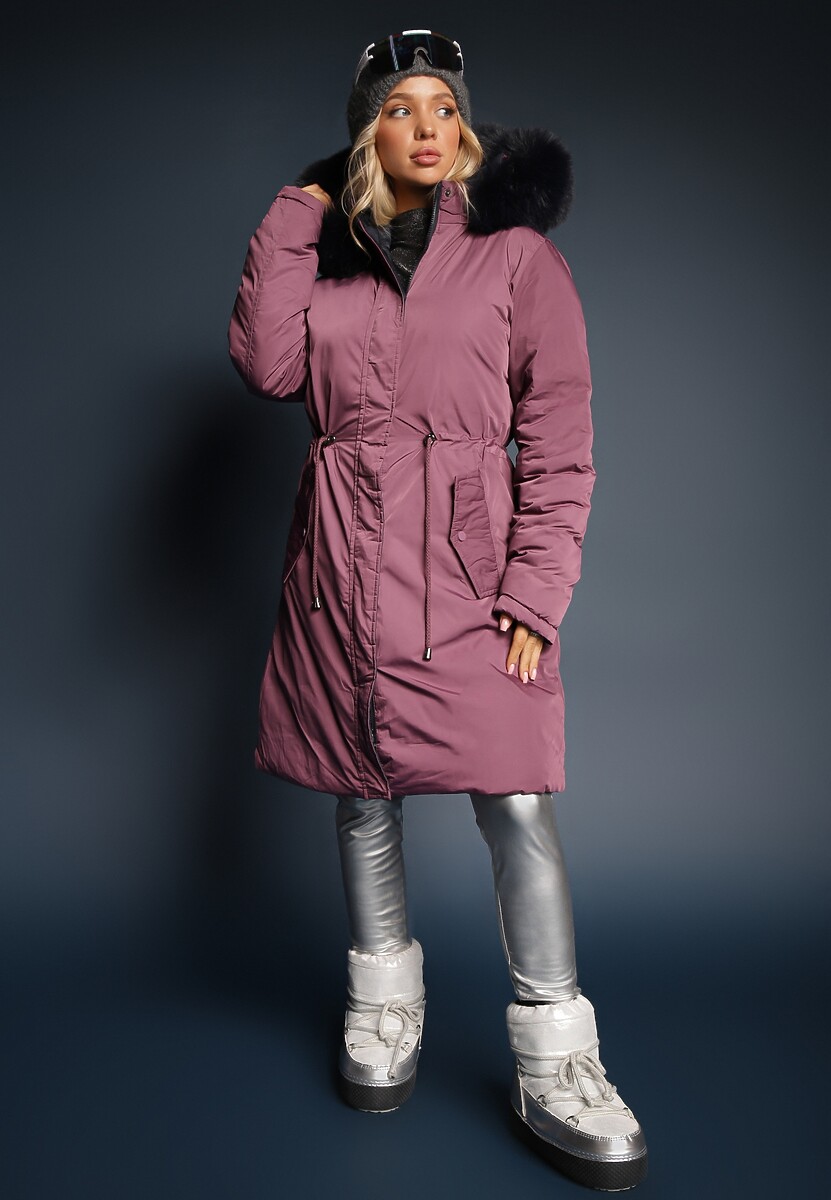 Ciemnofioletowa Długa Kurtka Płaszcz o Dwustronnym Fasonie z Kapturem Astrae