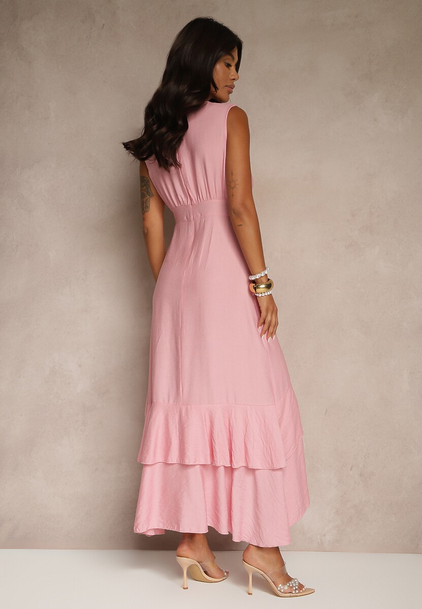 Różowa Sukienka z Wiskozą Ozdobiona Falbanami Doloritia
