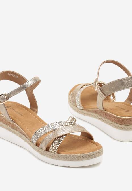 Złote Sandały na Koturnie z Brokatem i Plecionką Mevrissa