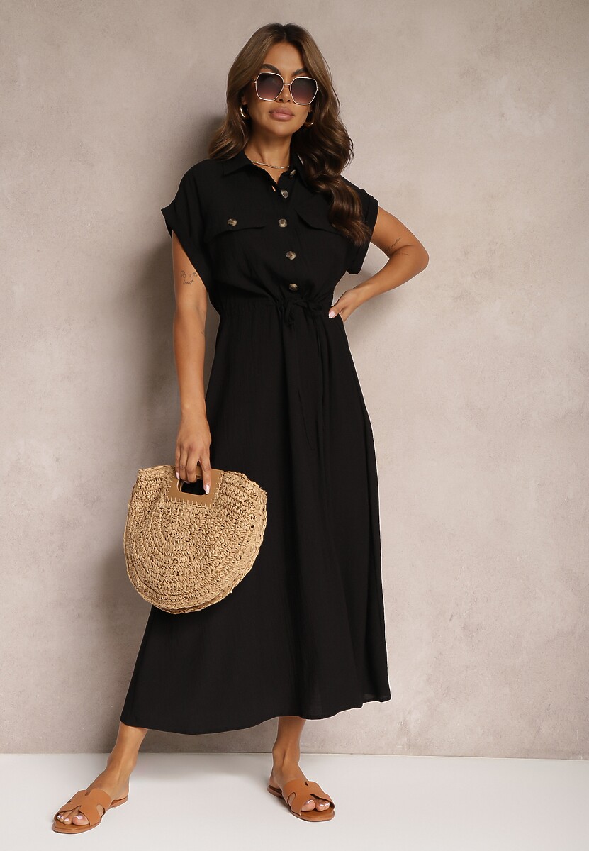 Jasnozielona Sukienka z Wiskozy o Rozkloszowanym Kroju z Gumką w Pasie i Napami Memvia