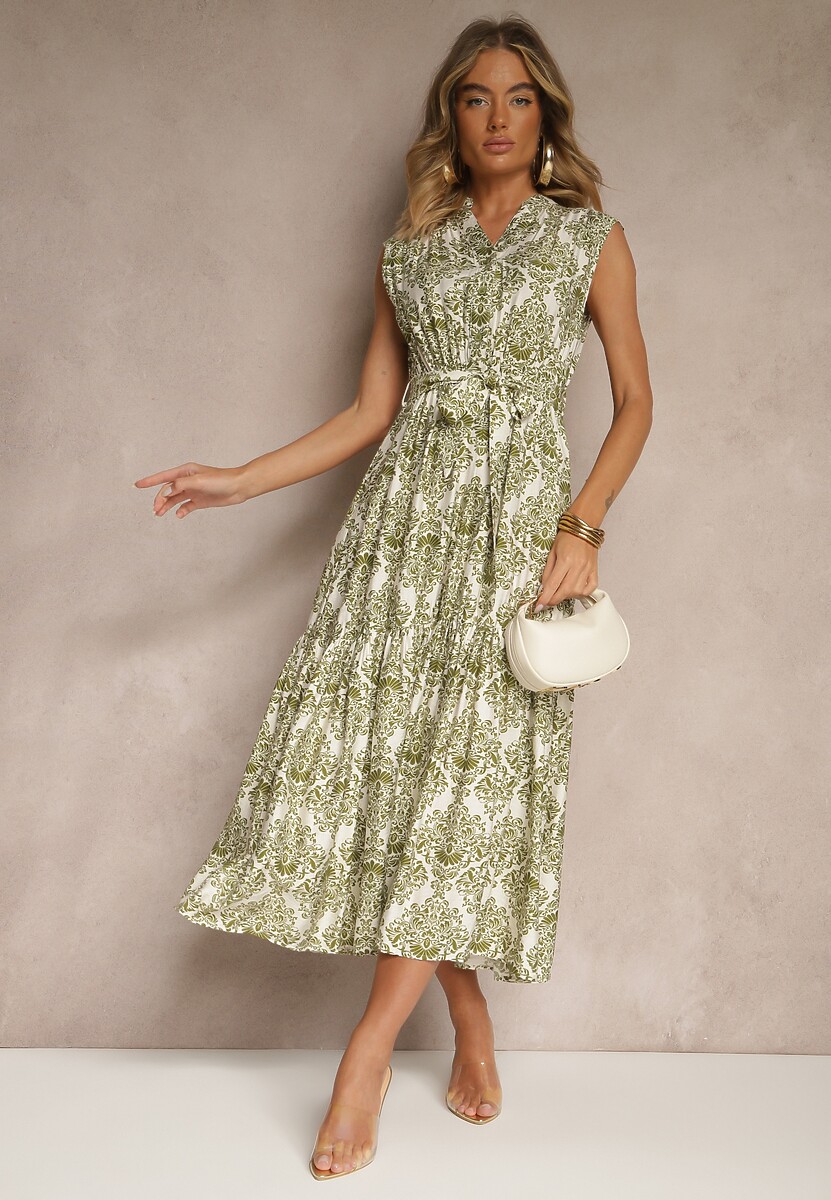 Zielona Sukienka z Wiskozy Bez Rękawów z Paskiem z Wiązaniem Filanesse