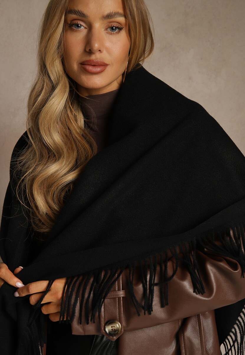 Jasnobrązowy Bawełniano-Wiskozowy Szalik w Kształcie Trójkąta z Frędzlami Vetisara