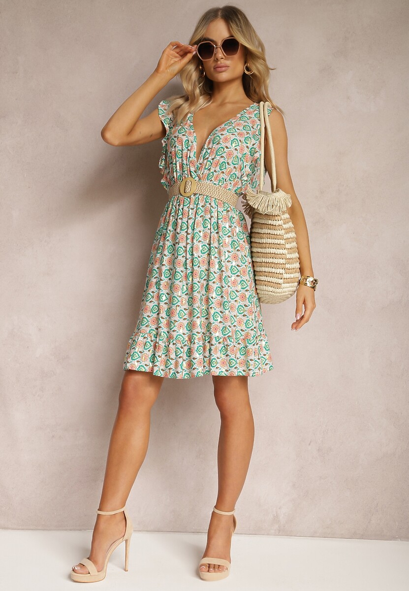 Zielona Sukienka z Gumką w Talii z Wiskozy w Abstrakcyjny Wzór Lianefa