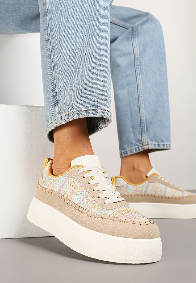 Beżowe Sneakersy na Platformie Ozdobione Plecionką Nilaraviela