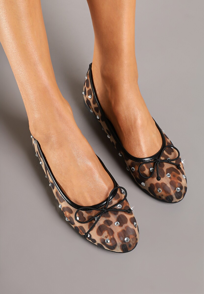 Brązowe Siateczkowe Balerinki na Płaskiej Podeszwie z Cyrkoniami i Koronką Froresi