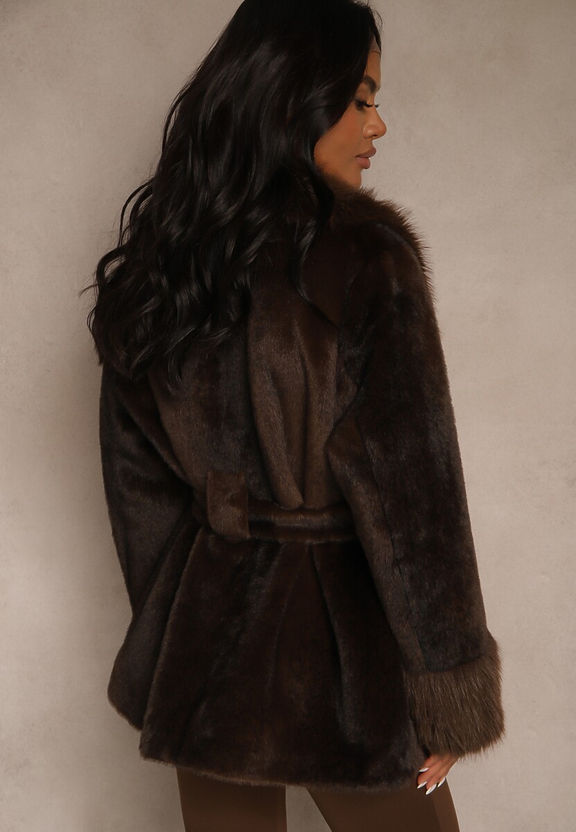 Brązowa Kurtka Futerko z Wiązanym Paskiem i Szerokim Kołnierzem Coverra