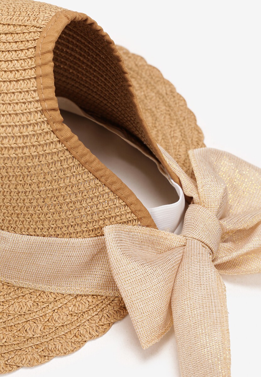 Beżowy Szeroki Kapelusz Pleciony z Kokardą i Wycięciem Flarea
