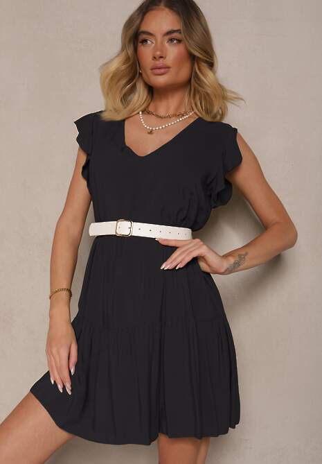 Czarna Bawełniana Sukienka Rozkloszowana z Falbankami Mirlio