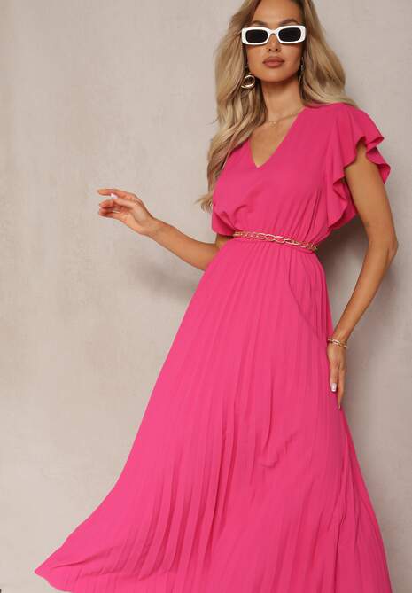 Ciemnoróżowa Rozkloszowana Sukienka z Plisami Maxi z Falbankami przy Ramionach Nethula