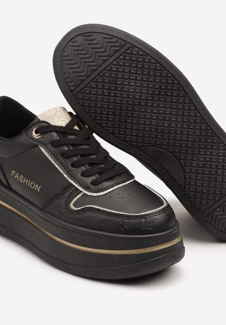 Czarne Sneakersy na Platformie Ozdobione Brokatem i Napisem Udivoria