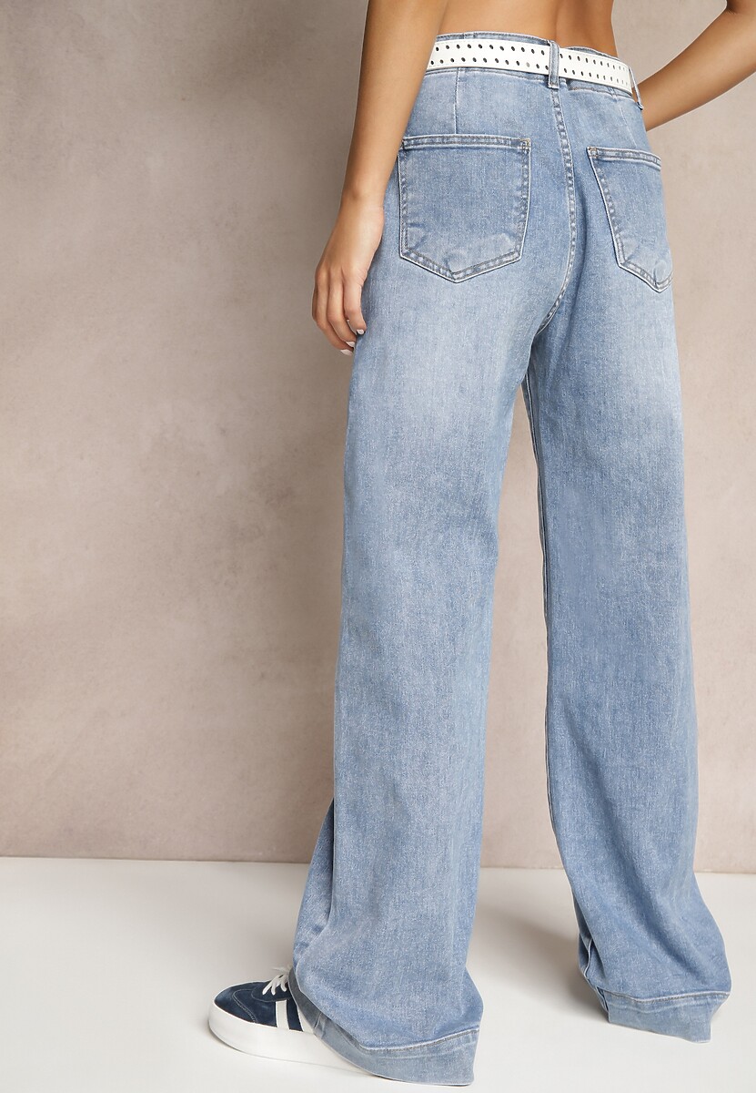 Niebieskie Szerokie Jeansy High Waist z Naszytymi Kieszeniami z Przodu Delaniel