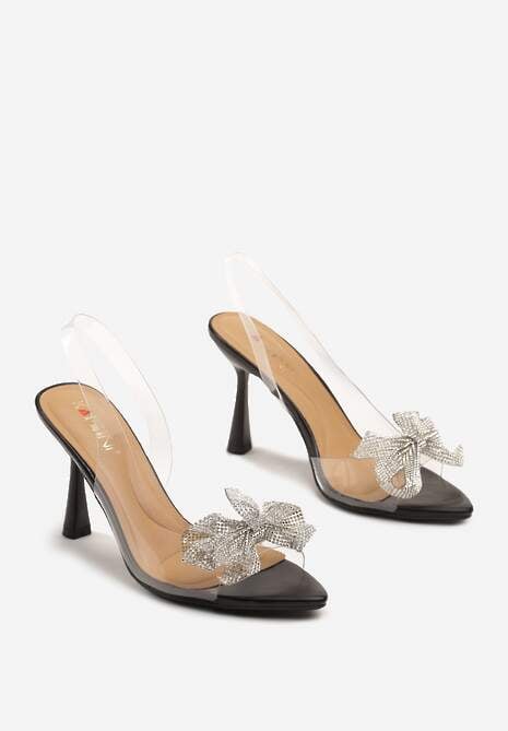 Czarne Sandały Szpilki Transparentne ze Świecącą Aplikacją na Nosku Efanelina