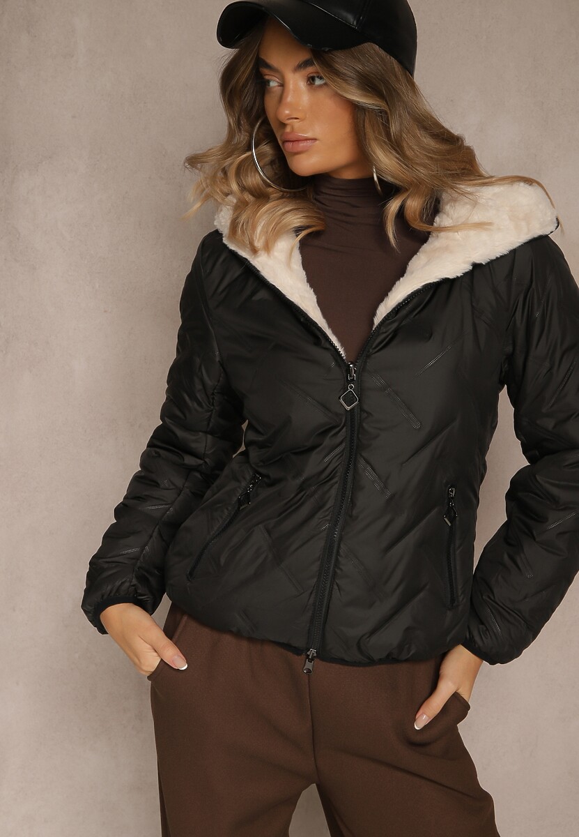 Czarno-Beżowa Dwustronna Kurtka z Pikowanymi Przeszyciami i Kapturem Tianessa