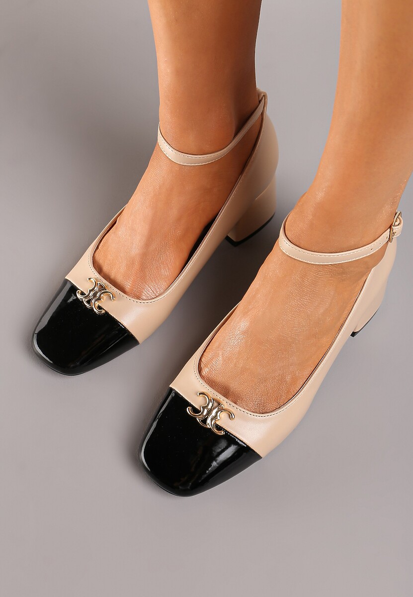 Beżowe Lakierowane Czółenka na Obcasie z Ozdobnym Noskiem i Paskiem Wokół Kostki Kolaria