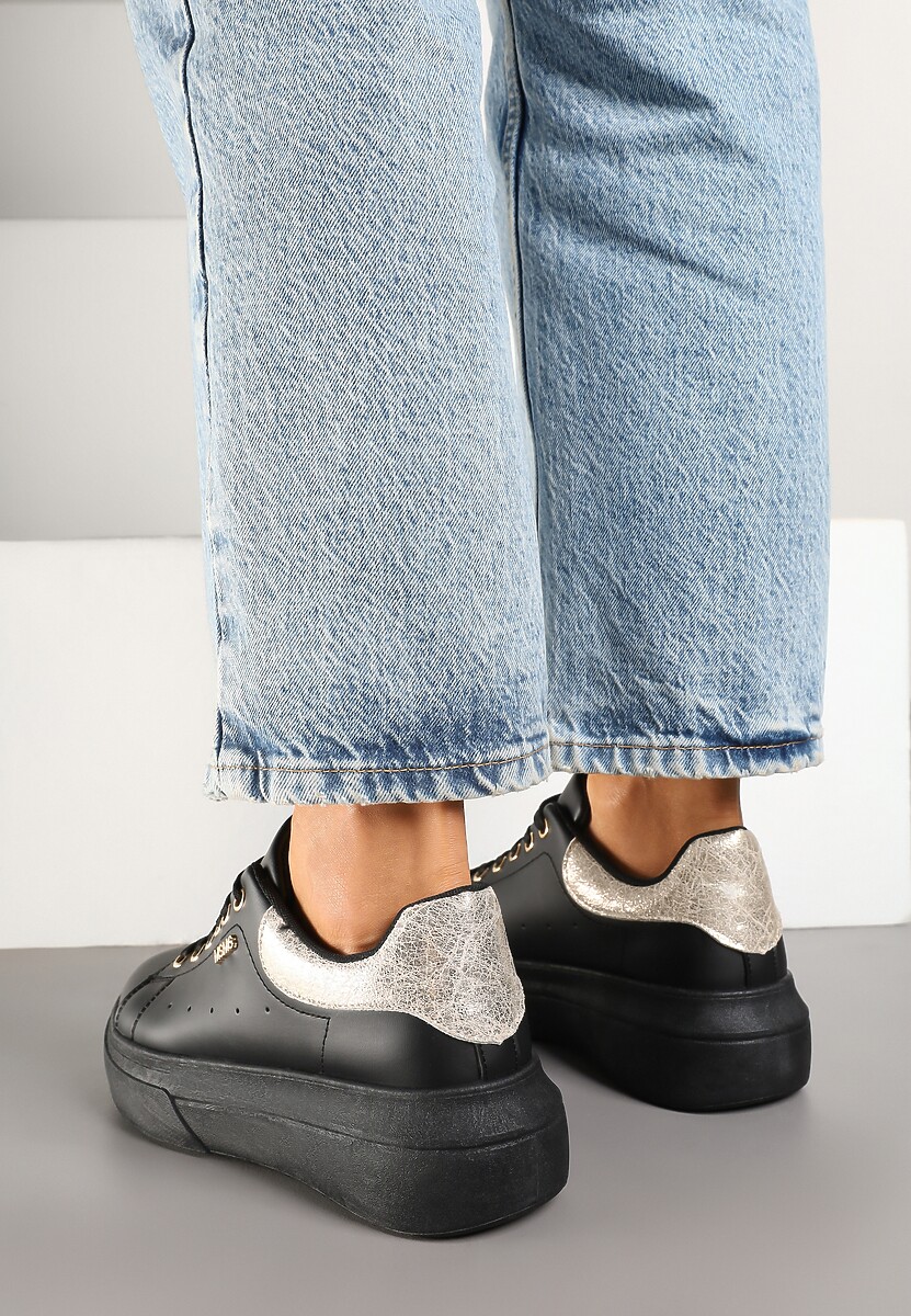 Czarno-Złote Sneakersy na Niskim Koturnie Zdobione Metalicznymi Wstawkami Alirisa