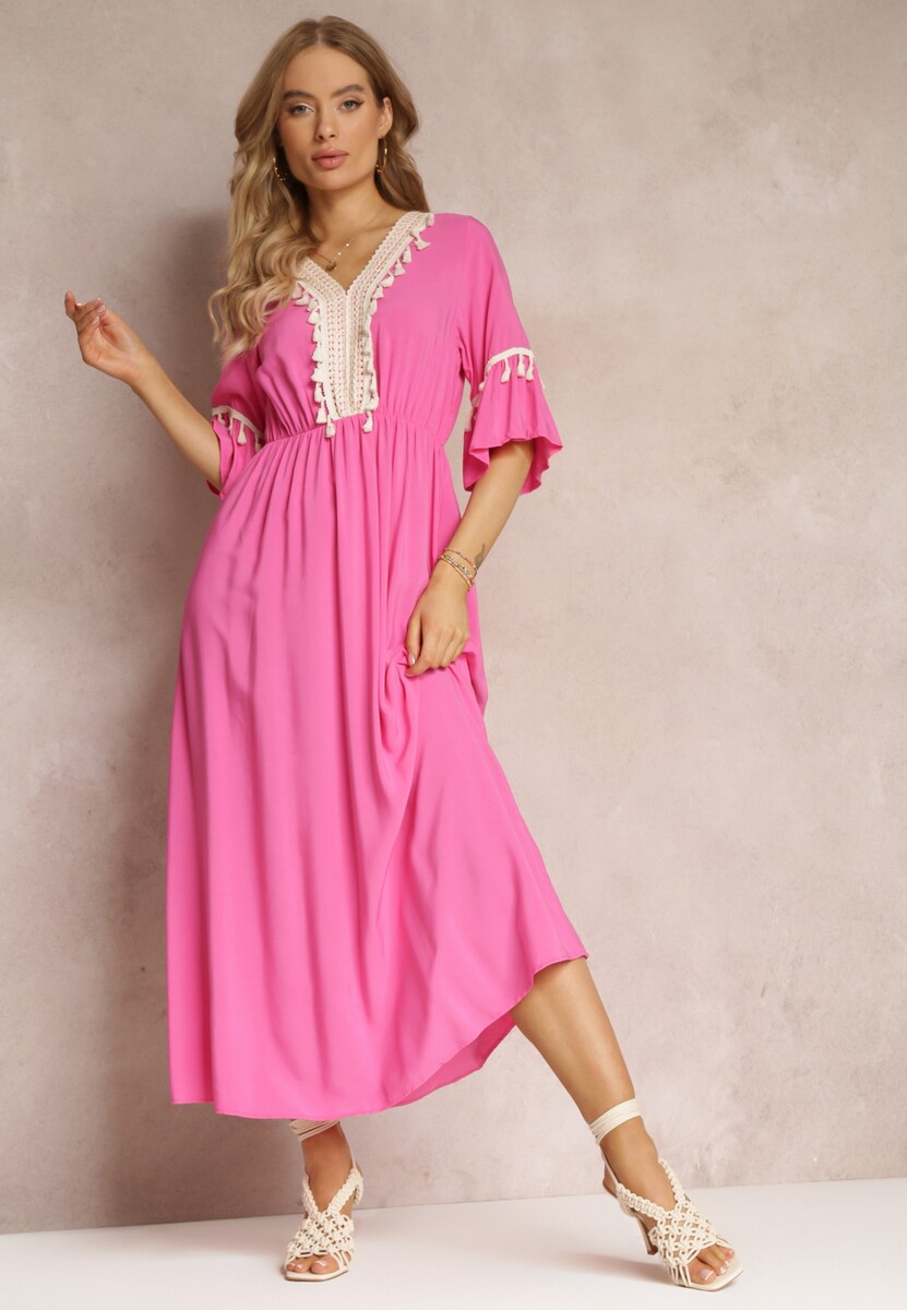 Fuksjowa Sukienka Maxi z Gumką w Talii z Ozdobnymi Chwostami z Wiskozy Zisel