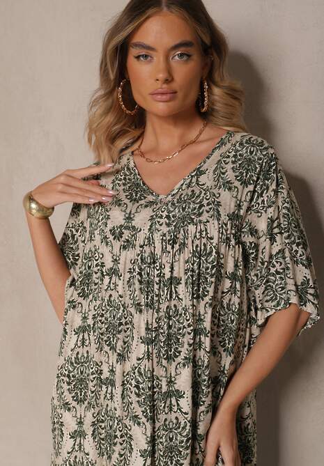 Ciemnozielona Sukienka z Bawełną i Abstrakcyjnym Motywem Filarella