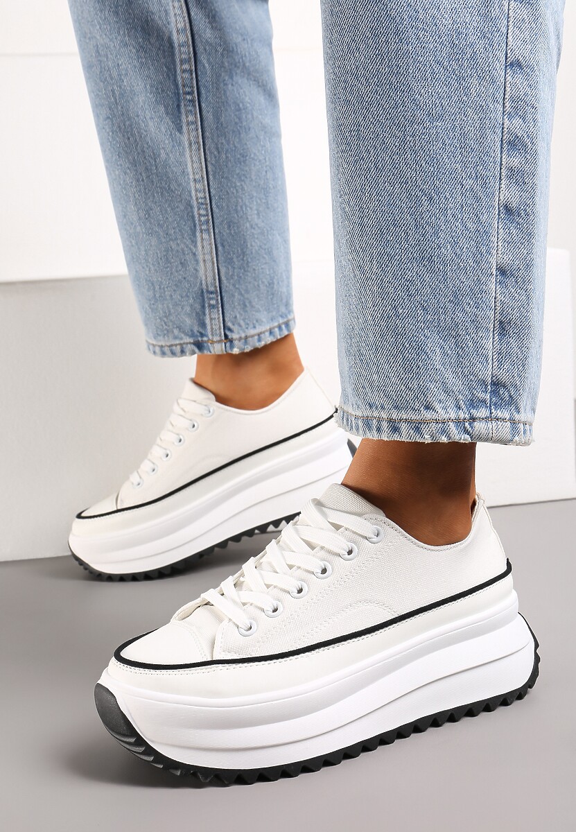 Białe Trampki Przed Kostkę na Wysokiej Platformie z Ozdobnym Protektorem Ligustra