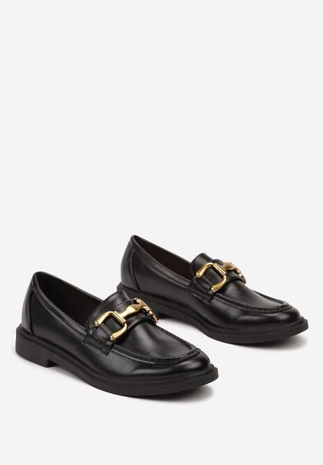 Czarne Mokasyny na Płaskiej Podeszwie Ozdobione Klamrą Relabra