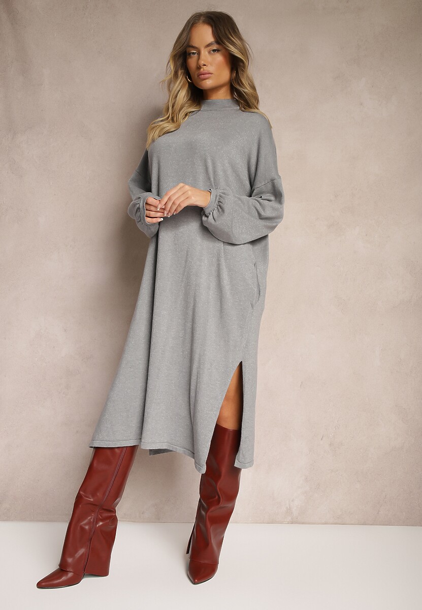 Szara Sukienka z Dodatkiem Wiskozy o Pudełkowym Kroju z Metaliczną Nicią Arkiria