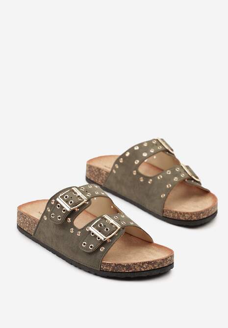 Zielone Klapki na Korkowej Platformie Ozdobione Nitami Nilindora