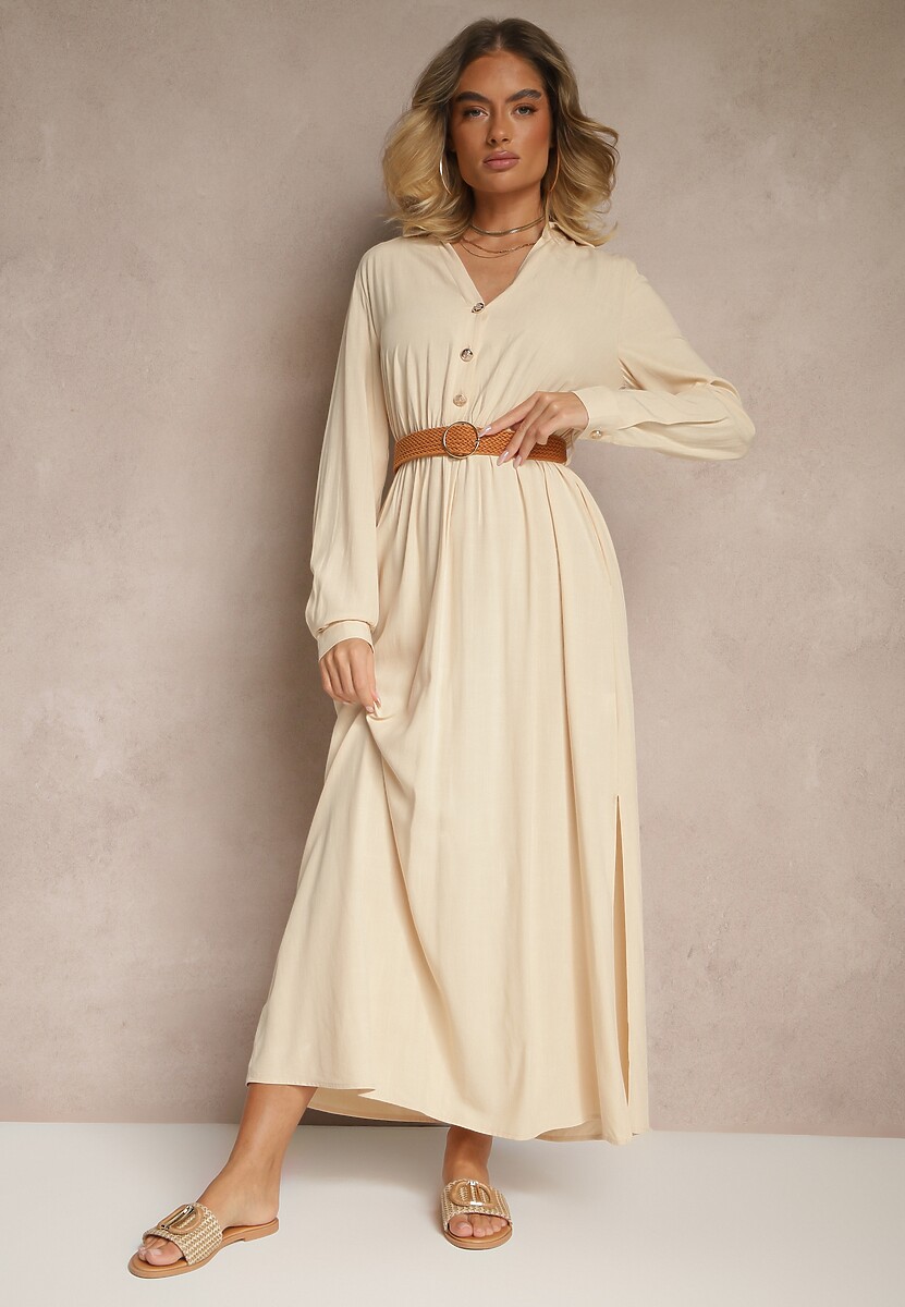 Beżowa Wiskozowa Sukienka o Rozkloszowanym Kroju z Paskiem i Rozcięciem Reirissa