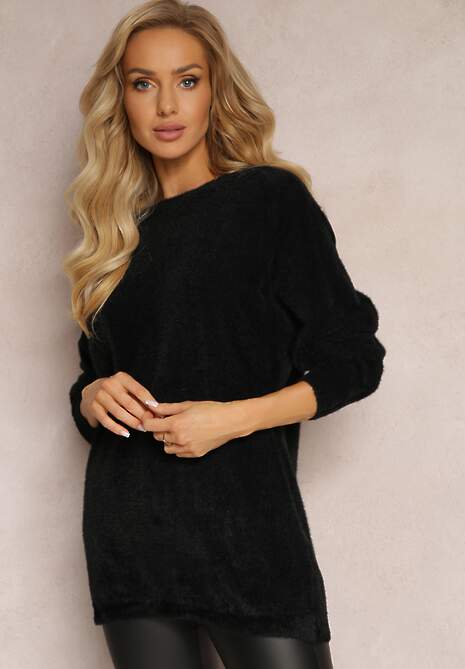 Czarny Puchaty Sweter z Okrągłym Dekoltem i Rękawami Typu Nietoperz Belinka