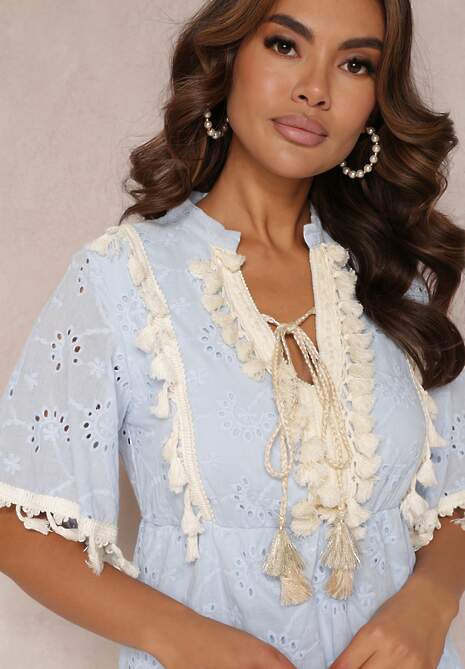 Niebieska Bawełniana Sukienka Boho z Haftem i Sznureczkami Ladora