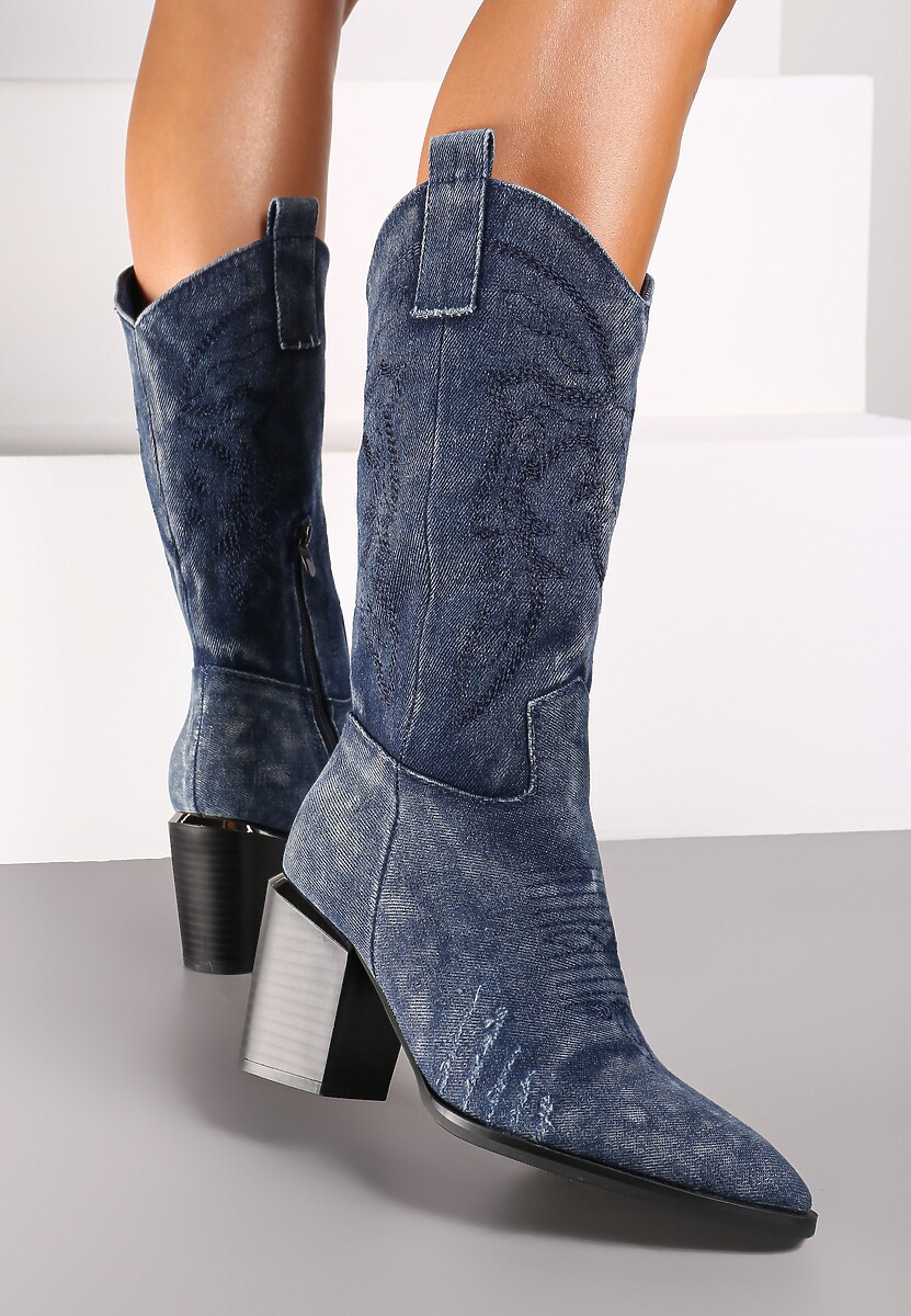 Granatowe Botki na Słupku w Stylu Kowbojek Ozdobione Haftem Laorina